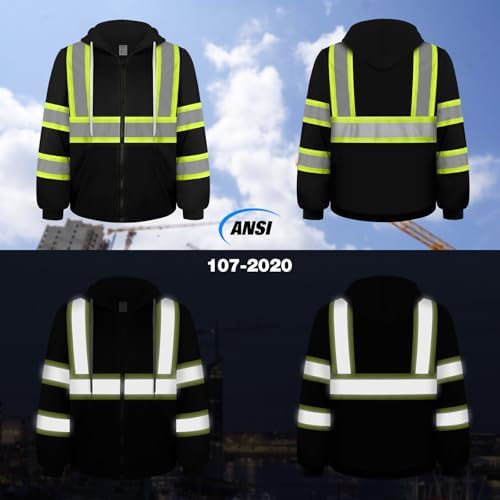TCCFCCT High Visibility Safety Sweatshirts Class 3 Hi Vis Hoodies for Men Women, Reflective Safety Jacket for Men Construction Workers, Surveyors, Durable & Dirt-resistant, WLD-Black with Green M - Image 2