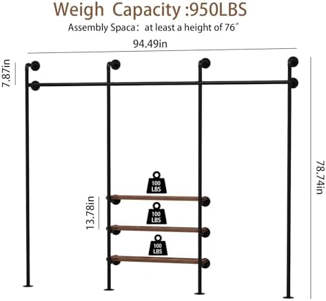HOMEKAYT Industrial Pipe Clothes Rack,Wall Mounted Clothing Rack with Shelves, Heavy Duty Multi-Purpose Storage Clothes Hanging Shelf - 94.5''L Black - Image 6