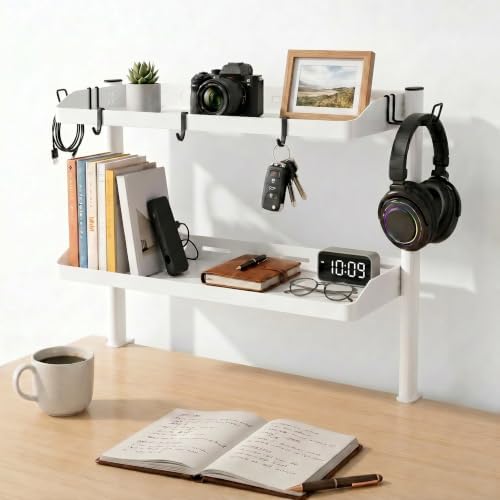 Clamp on Desk Shelf White, 24in 2-Tier Office Desk Shelves Organizer, Shelf for Top of Desk with Headphone Holder and Hooks, Desktop Storage Rack for Home Workspace, Study Rooms, Gaming Accessories by DEARPER