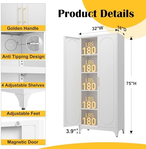 Steeloong 75"Metal Pantry Storage Cabinet with Doors & 4 Adjustable Shelves - Image 3