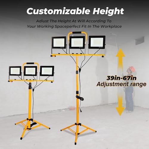 225W 22500 Lumen Work Lights with Stand, Three Head LED Work Light with Individual Switch, 16FT Power Cord, IP66 Waterproof, Adjustable Metal Telescoping Tripod for Indoor and Outdoor - Image 5