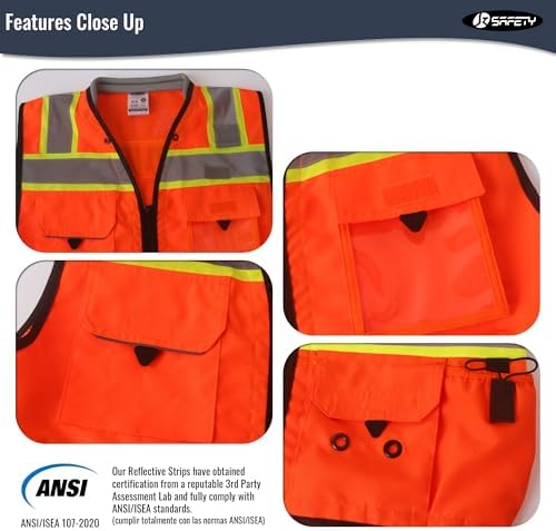 JKSafety Hi-Vis Unisex Surveyor Safety Vest Heavy Duty PPE Inner Pockets ANSI/ISEA Compliant - Image 2