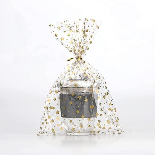 COQOFA 200 Pcs Star Printed 6"X10" Gift Wrap Cello Cellophane Treat Bags Party Favor bags Clear Candy Cookie Bags Plastic Poly Goodie Storage Bags with Twist Ties for Bakery,Birthday, Wedding ,Party Decorations (Gold) - Image 6