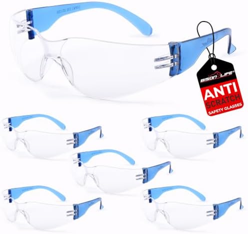 BISON LIFE Clear/Blue Safety Glasses for Men & Women, ANSI Z87.1, 6 Pack by BisonLife