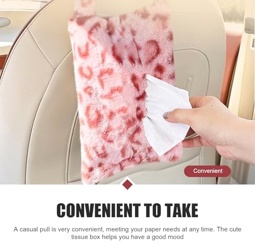 Leopard Print Car Tissue Bag, Cute Plush Hanging Tissue Holder, Multi-Functional Car Backseat Hanging Storage Bag, Universal for Small-Size Tissues (Pink) - Image 5