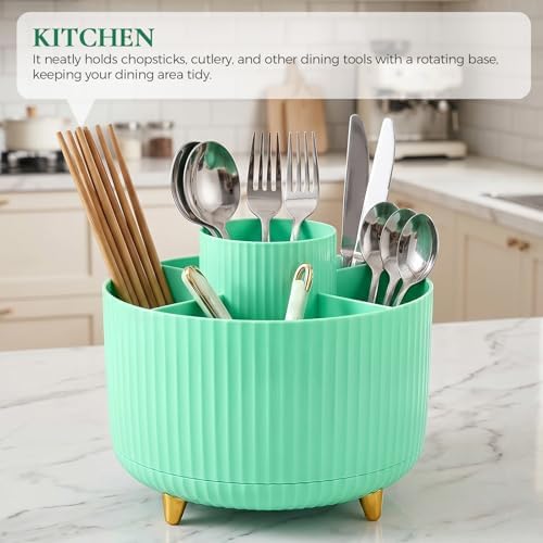 KONVINIT Pencil Pen Holder for Desk, 5 Slots 360-Degree Rotating Desktop Organizer, Cute Desk Organizers and Accessories for School, Home, Office and Art Supply, Mint Green - Image 6