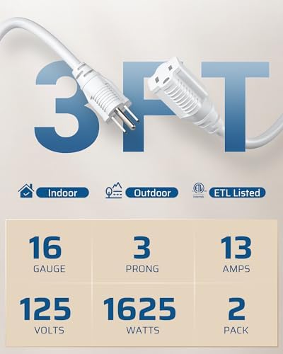 DEWENWILS 3 Foot Extension Cord, SJTW AWG16/3 ETL Listed, White, 2 Pack - Image 6
