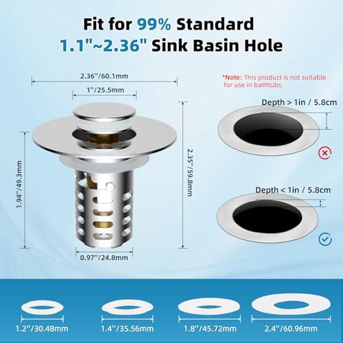 2PCS Bathroom Sink Drain Strainer Universal Metal Hair Catcher, Chrome - Image 3