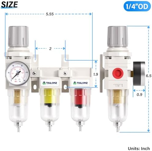 TAILONZ PNEUMATIC 0-150PSI 1/4 Inch NPT Grade 3 Stage Air Drying System, Particulate Filter, Air Filter Pressure Regulator Combo Piggyback, Air Tool Compressor Filter with Gauge (Semi-Auto Drainage） - Image 2