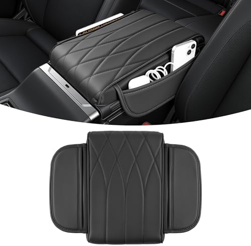 SINGARO Car Center Console Cover Pad, Universal Leather Waterproof Thick Arm Rest Cover for Car with 2 Storage Bags, Car Interior Accessories for Most Vehicles, Cars, SUVs, Trucks (Black) by SINGARO