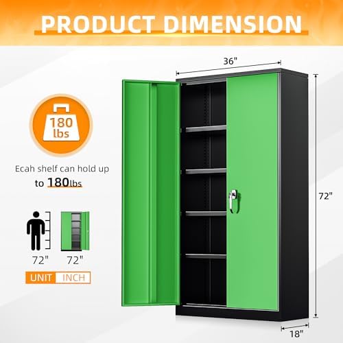INTERGREAT Metal Lockable Storage Cabinet, 72” H Storage Cabinet with 2 Doors and 4 Adjustable Shelves for Office, Home, Garage, Pantry (Assembly Required, 18”D, Black Green) - Image 3