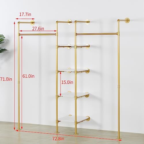 Industrial Pipe Gold Clothing Rack with Shelves, Retail Display Wall Mounted Storage Clothes Hanging Shelf Gold Pipeline Hanging Rod Steampunk Style, 4 Tier Wood Garment Rack 72.8x71inch - Image 3