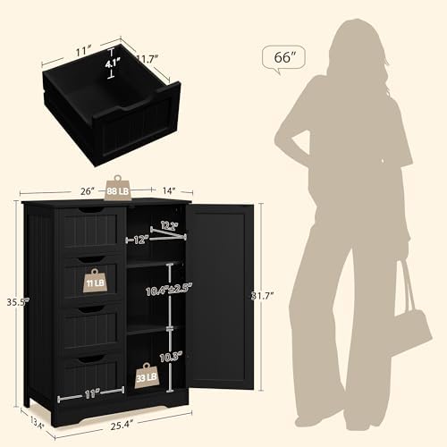 Yaheetech Bathroom Storage Cabinet with 4 Beadboard Drawers and Door, Black - Image 3
