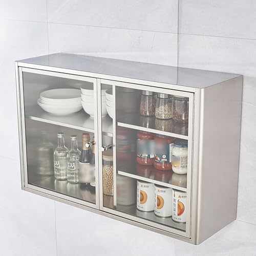 Stainless Steel Double Door Wall Cabinet with Adjustable Shelves, Wall-Mounted Storage Cabinets, Floating Over Toilet Bathroom Upper Cabinets for Laundry Room, Kitchen,23.6x15x9.8in by KCCRHIN