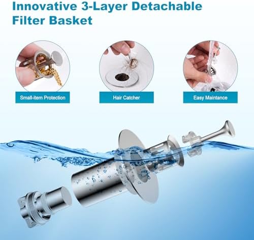 Universal Bathroom Sink Drain Strainer Hair Catcher Upgraded with Visible Top Stainless Basket, 3 in 1 Pop Up Sink Stopper for 1.1''~2.36'' Sink Basin Hole, Chrome - Image 2