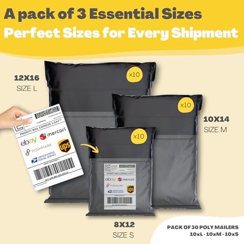 Shipping Bags (30 Pack) with Label Pouch - 8x12, 10x14 & 12x16 - Poly Mailers for Clothes, Self-Seal Plastic Mailing Envelopes - Tear & Water-Resistant Packaging Bags for Clothing, Not Padded - Image 2