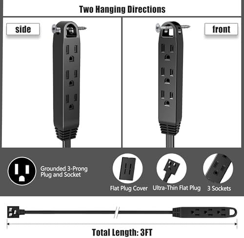 CABOCASA 3FT Flat Plug Extension Cord 3 Outlets Black Downward - Image 3