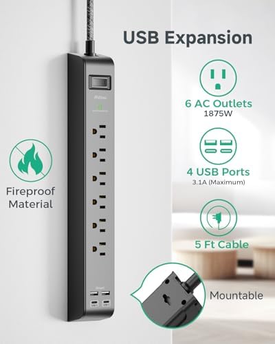 2 Pack Surge Protector Power Strip with 6 Outlets 4 USB Ports - Image 2