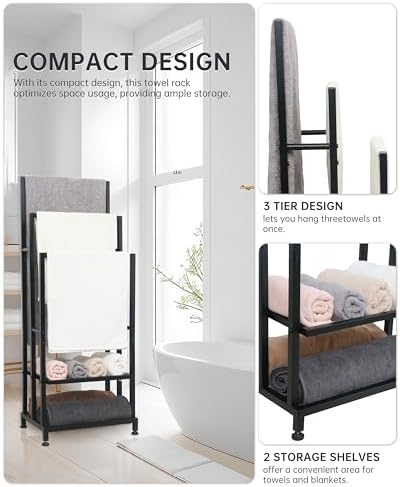 ZOES HOMEWARE Heavy Duty Pool Towel Rack for Outdoor | 3 Tier Free Standing Towel Rack with 2 Storage Shelves | Anti-Rust Stand Rack for Outdoor,Pool &Bathroom | Black, 41"x16"x12" - Image 3