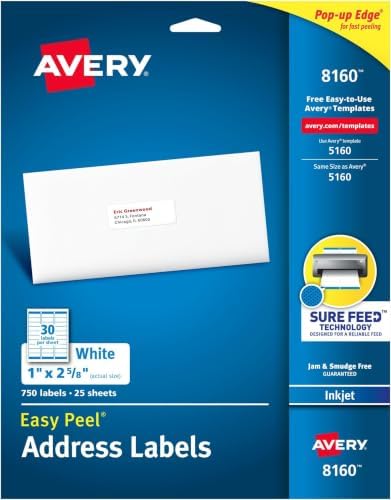 Avery Easy Peel Address Labels, Inkjet Printers, White, Box of 750 Labels (08160), 1" x 2-5/8" (Pack of 5) by Avery
