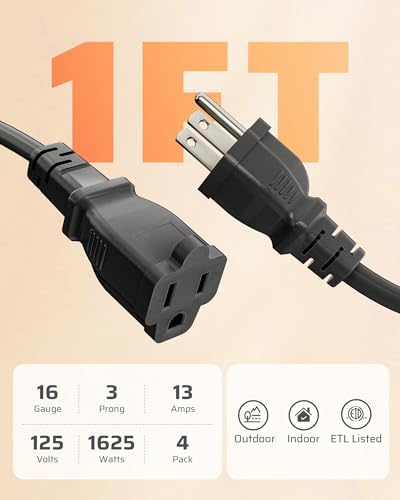 DEWENWILS Short Extension Cord 1FT, 16 AWG SJTW, Black, UL Listed, 4 Pack - Image 6
