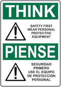 English + Spanish OSHA THINK Safety First Wear PPE Symbol Sign With Symbol Style 2698 Caution Metal Tin Sign 8x12 Inch for Safety by Unknown