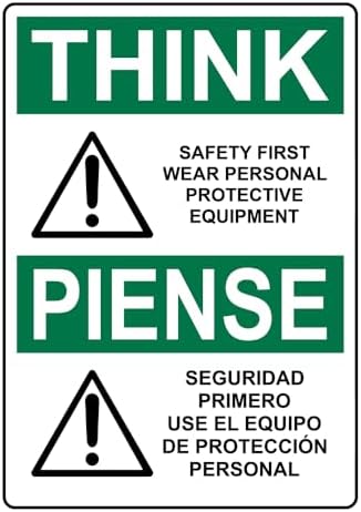 English + Spanish OSHA THINK Safety First Wear PPE Symbol Sign With Symbol Style 2698 Caution Metal Tin Sign 12x16 Inch for Safety by Unknown