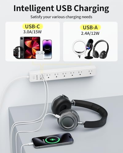 6 Ft Flat Plug Extension Cord Power Strip, 7 AC Outlets 4 USB(2C), 2 Pack - Image 4