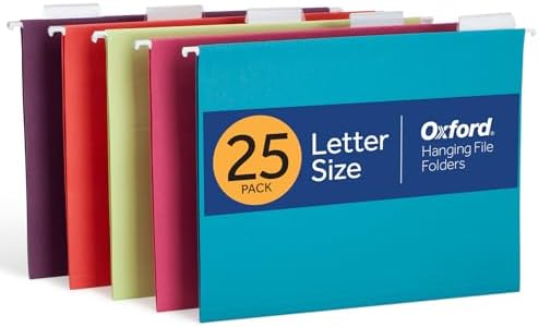 Oxford Hanging File Folders, 25 Pack, Letter Size (8.5" x 11"), 5 Bright Colors, 5 Tab Positions, Includes Tabs and Inserts, Hanging Files for Office and Document Organization by Oxford