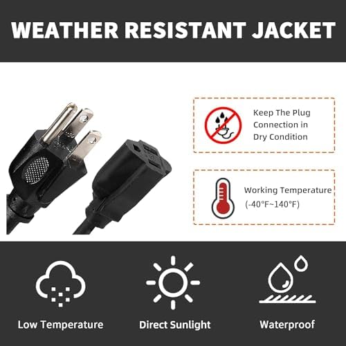 12 Ft Black Outdoor Extension Cord, 16 Gauge Heavy Duty Power Cord - Image 6