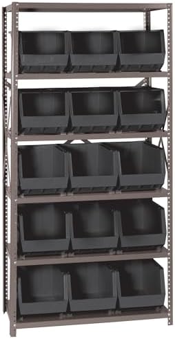 Quantum Storage Systems QSBU-260BK Giant Open Hopper Steel Shelving System, 18" D x 36" W x 75" H, with 6 Shelves and 15 QUS260 Bins, Black by QuantumStorageSystems