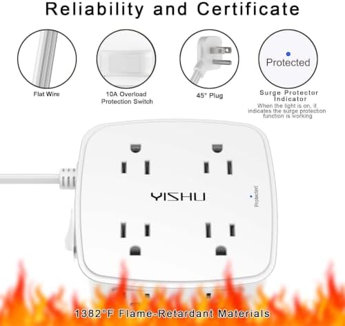 10 Ft Surge Protector Power Strip - YISHU 8 Widely Outlets with 4 USB Ports, 3 Side Outlet Extender with 10 Feet Flat Extension Cord, Ultra Flat Plug, Wall Mount, Desk USB Charging Station, ETL, White - Image 6