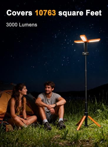 12000mAh Rechargeable LED Work Light with 74.8" Tall Stand, 2000/2500/3000 Lumens, Portable Cordless Work Light, 3000K/4500K/6000K Dimmable Camping Light with Detachable Tripod, Bag Included, Orange - Image 3