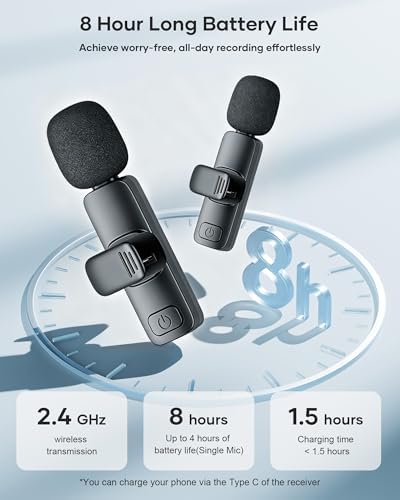 KUKIHO Wireless Lavalier Microphone for iPhone iPad and Android Phone, 2 Pack Lapel Mic Plug and Play Wireless Mic Noise Reduction Microphone for Video Recording Interview Podcast (Black) - Image 6