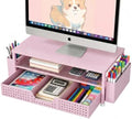 ECOLOVI Desk Organizer and Accessories, 2-Tier Computer Monitor Stand Rise with Storage Drawer & 2 Pen Holders, Laptop & Printer Stand for Desktop, Workspace Organizers for Office Supplies (Pink) by ECOLOVI