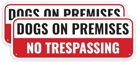 2PC Dogs On Premises No Trespassing Sign, 10 x 3.5 Inches - Aluminum - Beware Of Dogs Signs For Fence Warning Guard Dog Present On Duty Security by Venicor