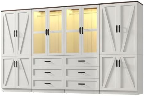 75" Tall Farmhouse 8 Doors Armoire Wardrobe Closet with 6 Drawers and LED,Freestanding Closet Wardrobe Cabinet for Bedroom with Hanging Rod,Wooden Armoire Storage Cabinet(Rustic Off White 8 Doors) - Image 2