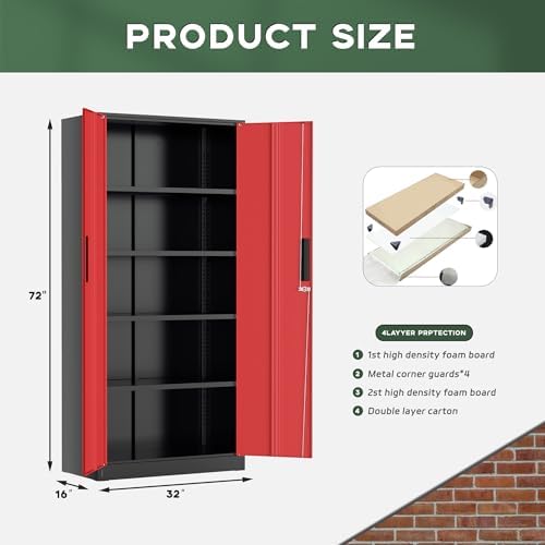 Greenvelly Metal Garage Storage Cabinet, 72" Black Red Tool Steel Locking Cabinet with Doors and 4 Shelves, Tall Cabinets for Garage Storage Systems Lockable File Cabinet for Home Office,Garage - Image 3