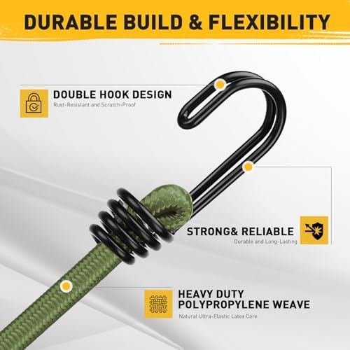 18" Green Bungee Cords with Hooks: 10 Pcs Bungee Cords Heavy Duty Outdoor, Bungie Cord Bundle Assortment with Metal Hook, Bungee Straps for Kayaking, Camping, Garage Storage - Image 4