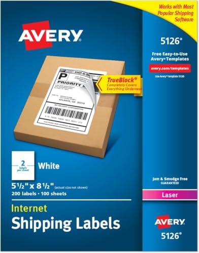 Avery Half-Sheet Printable Shipping Labels, 5.5" x 8.5" Customizable Stickers, White, 200 Blank Mailing Labels, Great for Mailing, Shipping, Organizing, and More (5126) (Pack of 5) by Avery