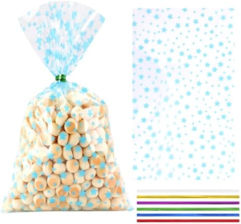 COQOFA 100 Pcs 7"X12" Blue Star Printed Clear Gift Cellophane Treat Bag Party Favor bags Clear Candy Cookie Bag Plastic Poly Goodie Storage Bags with Twist Ties for Baby Shower,Gender Reveal, Birthday, Wedding ,Party Decorations by COQOFA