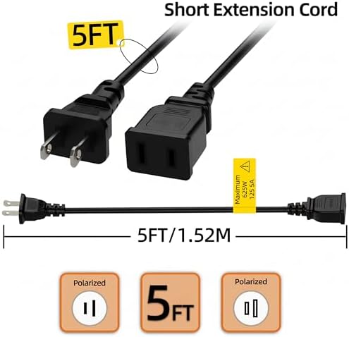 Short 5FT Black Power Extension Cord, 2-Prong ETL Listed (1 Pack) - Image 3