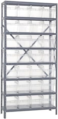 Quantum 1875-SB808CL Heavy Duty Modular Shelving Unit with (8) Shelves and (28) SSB808 Clear Bins for Warehouse Storage Distribution | 400 lbs Capacity | 18"D x 36"L x 75"H, Galvanized Carbon Steel by QuantumStorageSystems