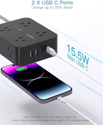 HANYCONY Surge Protector Power Strip, 10 Ft Braided Extension Cord, 1080J - Image 5