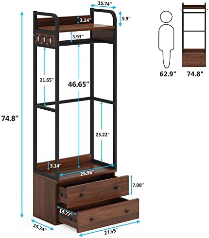 Tribesigns Freestanding Closet Organizer Small Clothes Rack Coat Rack with Drawers and Shelves, Heavy Duty Small Garment Rack Industrial Hall Tree for Hallway, Entryway, Bedroom - Image 5