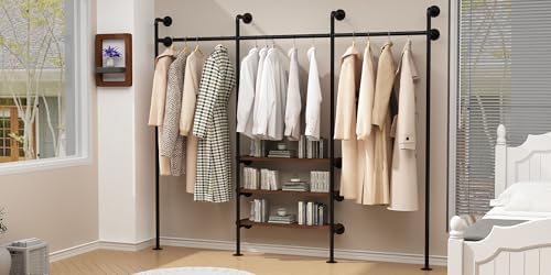 HOMEKAYT Industrial Pipe Clothes Rack,Wall Mounted Clothing Rack with Shelves, Heavy Duty Multi-Purpose Storage Clothes Hanging Shelf - 94.5''L Black - Image 7