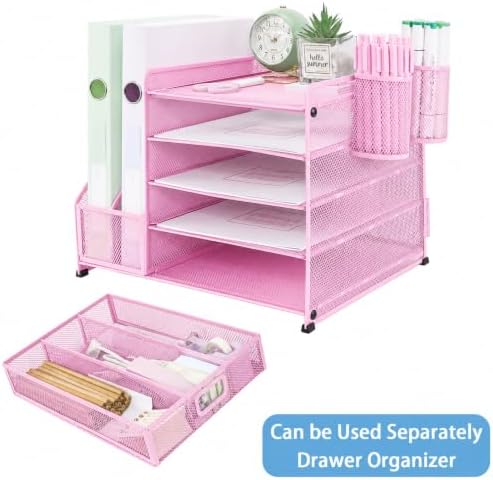 Desk Organizers and Accessories with File Holder, 5-Tier Paper Letter Tray Organiser with Drawer and 2 Pen Holder, Mesh Desktop Document Organizer for Office Supplies, Workspace - Pink - Image 4