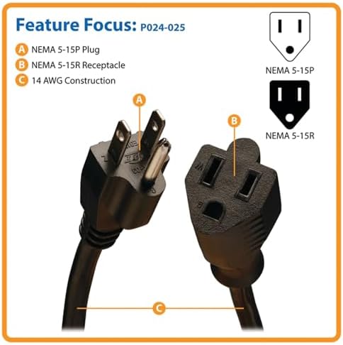 Tripp Lite Power Cord Extension Cable, Heavy Duty, 14AWG, 5-15P to 5-15R, 15A, 25' (P024-025) black - Image 2