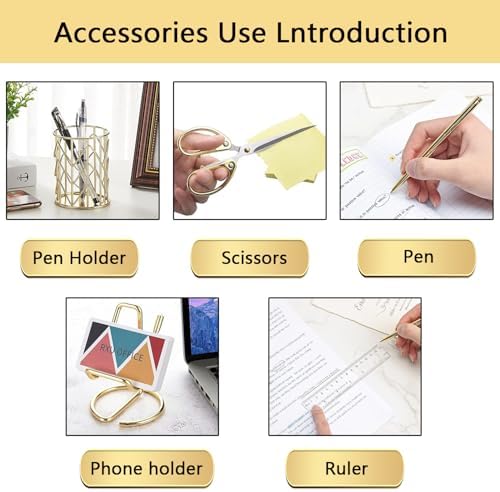 suniya Office Supplies,Gold Desk Accessories,with Stapler,Tape Dispenser,Pen Holder,Scissors,Phone Stand,Staple Remover,Ballpoint Pen,Clear Tape, Staples,Ruler,Clips,Best Gift for Business or Boss - Image 3