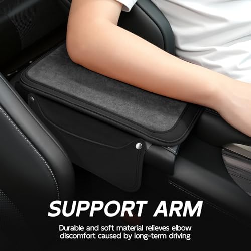 SINGARO Center Console Cover with 2 Side Pockets, Plush-Lined Faux Suede Car Armrest Pad, Universal Fit for Most Vehicles, Car Interior Accessories (Black) - Image 2